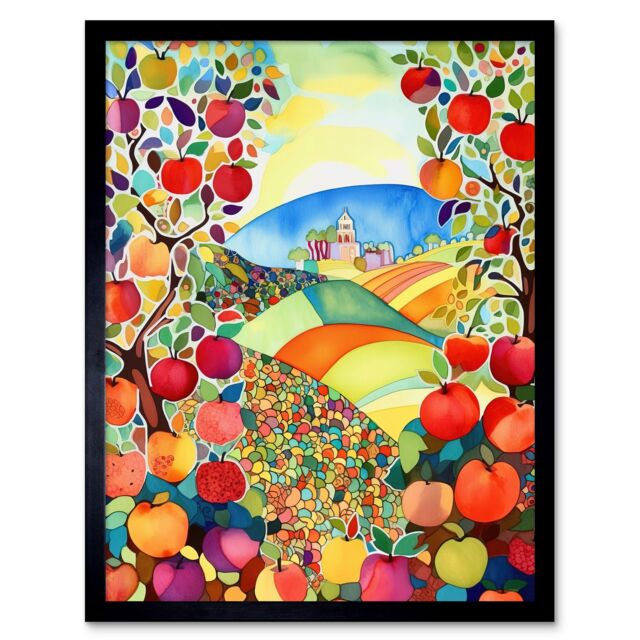 "Artery8 Wall Art Print Apple Tree Orchard Fields In Summer Folk Art Landscape Watercolour Painting Art Framed in Black - Size: W12"" x H16""" - image 1