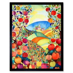 "Artery8 Wall Art Print Apple Tree Orchard Fields In Summer Folk Art Landscape Watercolour Painting Art Framed in Black - Size: W12"" x H16""" - thumbnail 1