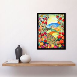"Artery8 Wall Art Print Apple Tree Orchard Fields In Summer Folk Art Landscape Watercolour Painting Art Framed in Black - Size: W12"" x H16""" - thumbnail 2