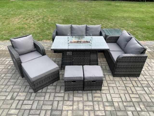 Fimous Garden Patio Furniture Wicker Rattan Gas Fire Pit Table & Sofa Chair set with Side Table 3 Footstool in Dark Grey - image 1