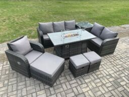 Fimous Garden Patio Furniture Wicker Rattan Gas Fire Pit Table & Sofa Chair set with Side Table 3 Footstool in Dark Grey - thumbnail 3