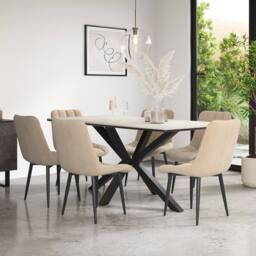 More4Homes Juno White marble Ceramic Dining Table & 6 Nova Velvet Chairs in Beige