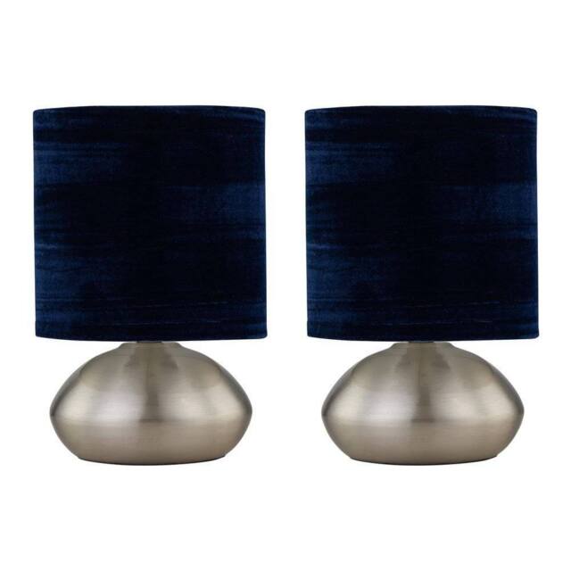 First Choice Lighting Set of 2 Jenson - Brushed Chrome Touch Table Lamps Blue Velvet Shade in Silver - image 1