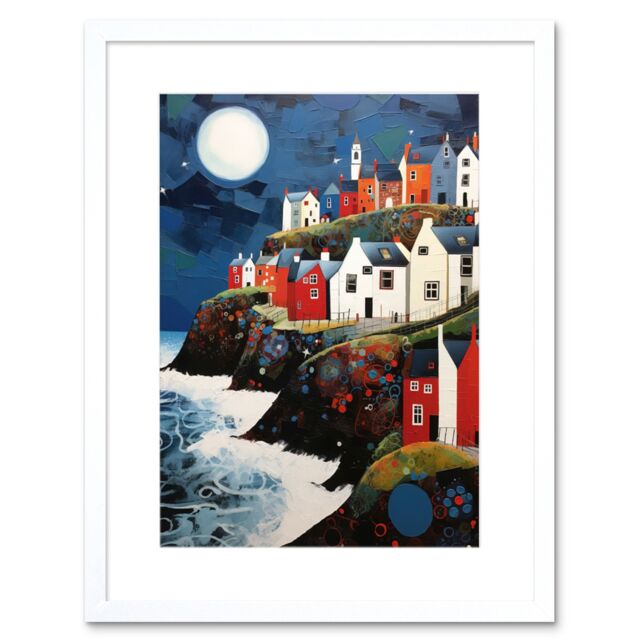 Artery8 Wall Art Print Seaside Village Houses on Cliff Folk Art Oil Painting Bathroom Artwork Full Moon Night Waves Coastal Landscape Artwork Framed - image 1