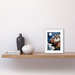 Artery8 Wall Art Print Seaside Village Houses on Cliff Folk Art Oil Painting Bathroom Artwork Full Moon Night Waves Coastal Landscape Artwork Framed - thumbnail 2