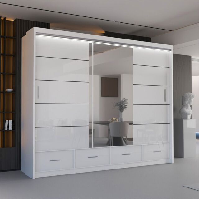 Sliding Wardrobes 4U Luxury High Gloss Sliding Wardrobe with LED Light W255cm x H220cm in White - image 1