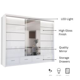 Sliding Wardrobes 4U Luxury High Gloss Sliding Wardrobe with LED Light W255cm x H220cm in White - thumbnail 3