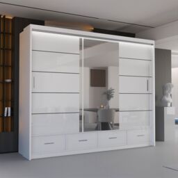 Sliding Wardrobes 4U Luxury High Gloss Sliding Wardrobe with LED Light W255cm x H220cm in White