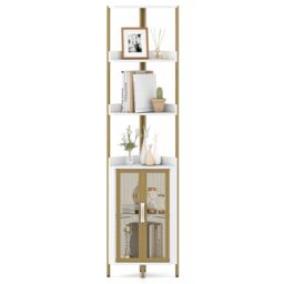 Costway 6-Tier Corner Shelf Industrial Bookcase Display Shelf w/ Cabinet in White - thumbnail 1