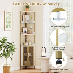 Costway 6-Tier Corner Shelf Industrial Bookcase Display Shelf w/ Cabinet in White - thumbnail 5