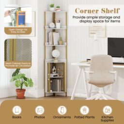 Costway 6-Tier Corner Shelf Industrial Bookcase Display Shelf w/ Cabinet in White - thumbnail 8