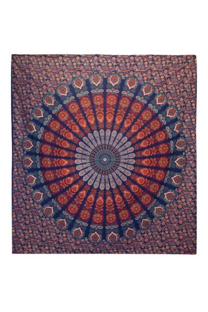 KDMD Double Cotton Bedspread & Wall Hanging - Peacock Mandala, Blue - image 1