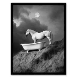 "Artery8 Horse Bathtub Full Moon Cliff Surreal Black White Framed Art Print in Grey - Size: W12"" x H16""" - thumbnail 1