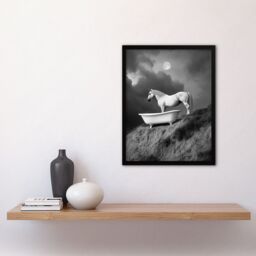"Artery8 Horse Bathtub Full Moon Cliff Surreal Black White Framed Art Print in Grey - Size: W12"" x H16""" - thumbnail 4