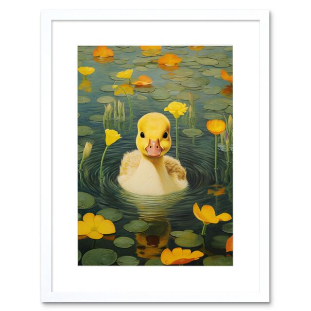 "Artery8 Wall Art Print Whirlpool Duckling Lily Pads & Flowers Kids Bedroom Nursery Artwork Framed 9X7 Inch in White - Size: W7"" x H9""" - image 1