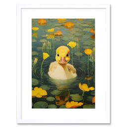"Artery8 Wall Art Print Whirlpool Duckling Lily Pads & Flowers Kids Bedroom Nursery Artwork Framed 9X7 Inch in White - Size: W7"" x H9""" - thumbnail 1