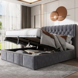 Matteo Luxurious Upholstered Double Bed with Bench & Hydraulic Lever in Grey - thumbnail 2