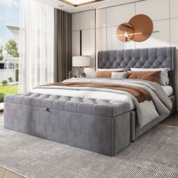 Matteo Luxurious Upholstered Double Bed with Bench & Hydraulic Lever in Grey