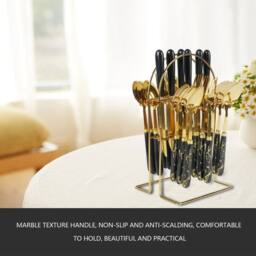 Hinsinc 24-Piece Cutlery Dinner Set - Gold Stainless Steel with Marble Handles - thumbnail 9