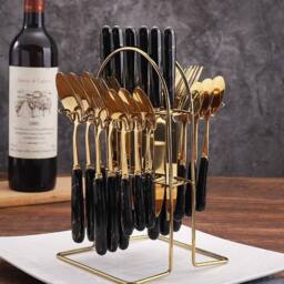 Hinsinc 24-Piece Cutlery Dinner Set - Gold Stainless Steel with Marble Handles - thumbnail 4