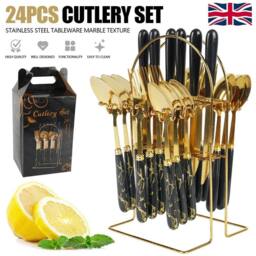 Hinsinc 24-Piece Cutlery Dinner Set - Gold Stainless Steel with Marble Handles - thumbnail 3