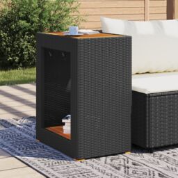 Berkfield Home Garden Side Table with Wooden Top Black 60x40x75 cm Poly Rattan - Size: 60 x 40 x 75 cm - thumbnail 3
