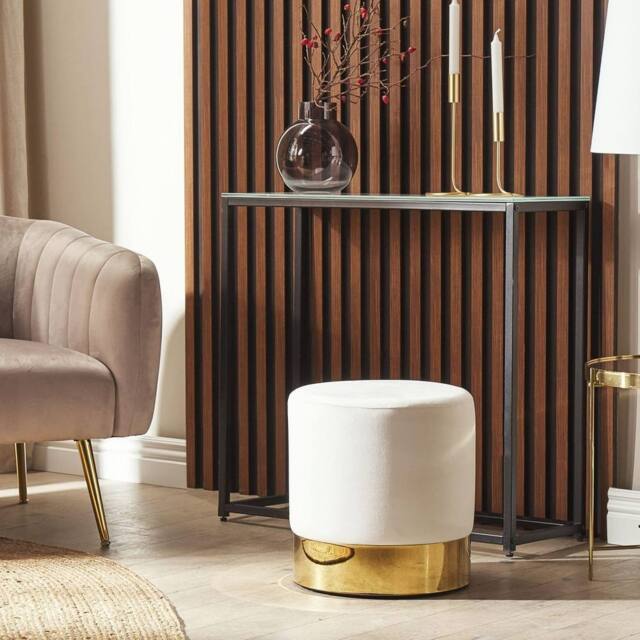 Wyld and Coco Velvet Round Footstool White with Gold Trim - image 1