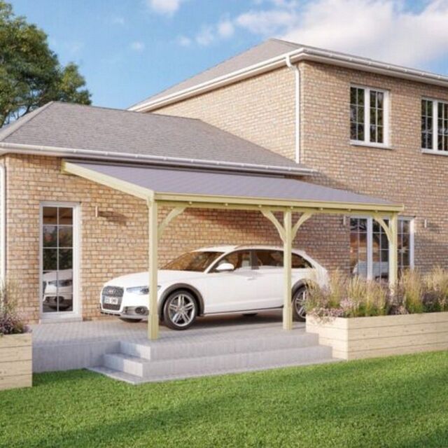 Rutland County Garden Furniture Ltd Felt Shingle Roof Car Port 3 Post, Wood, L300 x W722 cm - Rustic Brown in Light Green - image 1
