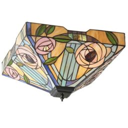 Loops Tiffany Glass Semi Flush Ceiling Light Pink Rose Inverted Square Shade i00062 in Clear