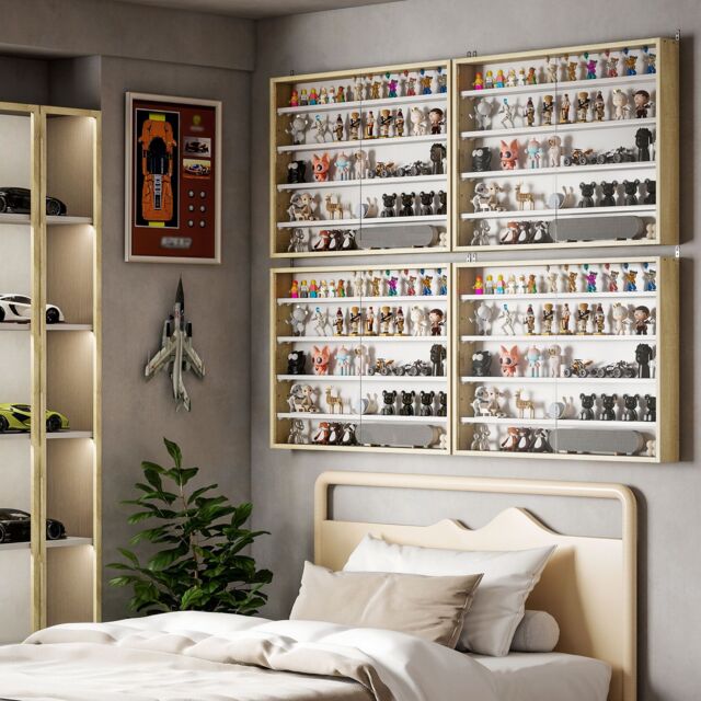 HOMCOM 5-Tier Wall Display Shelf Unit Cabinet w/ Shelves Glass Doors in Light Brown - Size: Small - image 1