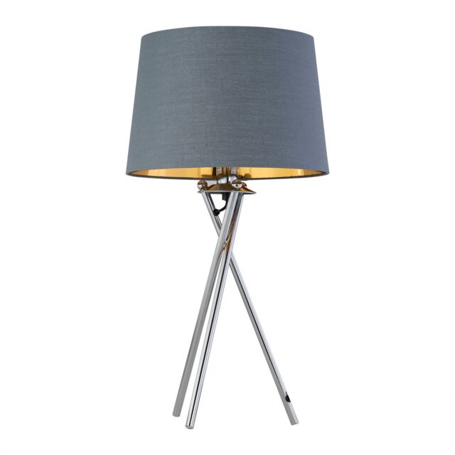 First Choice Lighting Tripod - Chrome Lamp with Grey & Gold Fabric Shade in Silver - image 1