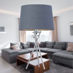 First Choice Lighting Tripod - Chrome Lamp with Grey & Gold Fabric Shade in Silver - thumbnail 8