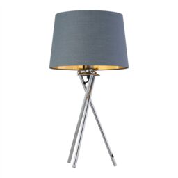 First Choice Lighting Tripod - Chrome Lamp with Grey & Gold Fabric Shade in Silver - thumbnail 1