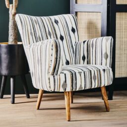 Orsina Armchair With Flared Arms, Handwoven Cotton Upholstery With Diamond Pattern, Mango Wood Legs