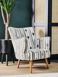 Orsina Armchair With Flared Arms, Handwoven Cotton Upholstery With Diamond Pattern, Mango Wood Legs - thumbnail 5