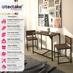 tectake Dining Table & Chairs Milton - 3-piece set in Brown - thumbnail 2