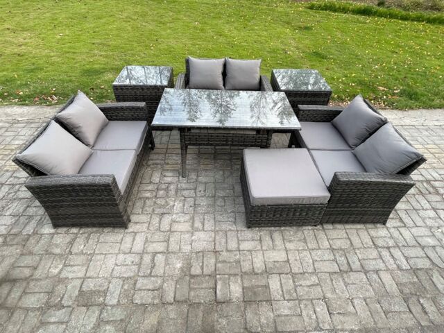 Fimous Wicker PE Rattan Garden Furniture Sets Outdoor Lounge Sofa Set with Oblong Dining Table Double Seat Sofa 2 Side Tables in Dark Grey - image 1