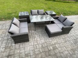 Fimous Wicker PE Rattan Garden Furniture Sets Outdoor Lounge Sofa Set with Oblong Dining Table Double Seat Sofa 2 Side Tables in Dark Grey - thumbnail 2