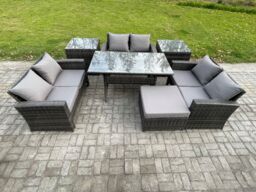 Fimous Wicker PE Rattan Garden Furniture Sets Outdoor Lounge Sofa Set with Oblong Dining Table Double Seat Sofa 2 Side Tables in Dark Grey - thumbnail 1