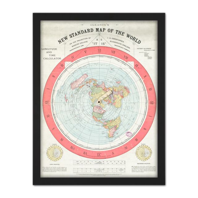 "Artery8 Wall Art Print Map Gleason 1892 World Time Calculator Flat Earth Large Framed Wall Décor Art in Black - Size: W18"" x H24""" - image 1