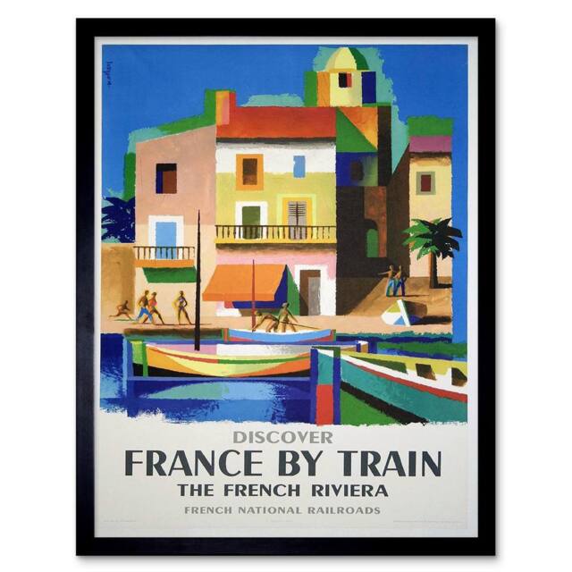 "Wee Blue Coo Travel France Train Railway Riviera French Railroad Boat Framed Art in Blue - Size: W12"" x H16""" - image 1