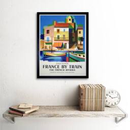 "Wee Blue Coo Travel France Train Railway Riviera French Railroad Boat Framed Art in Blue - Size: W12"" x H16""" - thumbnail 2