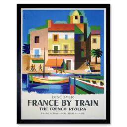 "Wee Blue Coo Travel France Train Railway Riviera French Railroad Boat Framed Art in Blue - Size: W12"" x H16""" - thumbnail 1