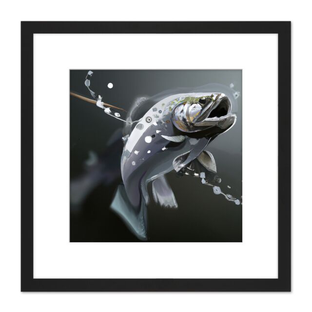 Artery8 Fish Swimming Surface Air Modern Acrylic Painting Square Wooden Framed Wall Art Print Picture 8X8 Inch in Black - image 1