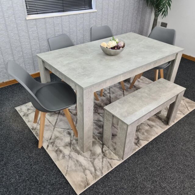 KOSY KOALA Stone Grey Effect Wood Dining Table Set with Bench & 4 Grey Plastic Chairs Modern Dining Room Furniture in Brown - image 1