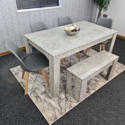 KOSY KOALA Stone Grey Effect Wood Dining Table Set with Bench & 4 Grey Plastic Chairs Modern Dining Room Furniture in Brown - thumbnail 1