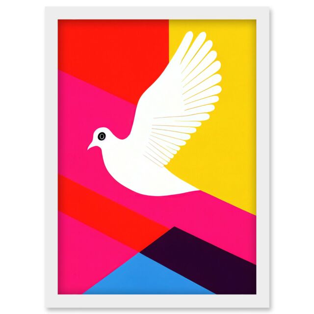 Artery8 White Peace Dove Vibrant Colourful Geometric Multi Colour Graphic Design Artwork Framed Wall Art Print A4 - image 1