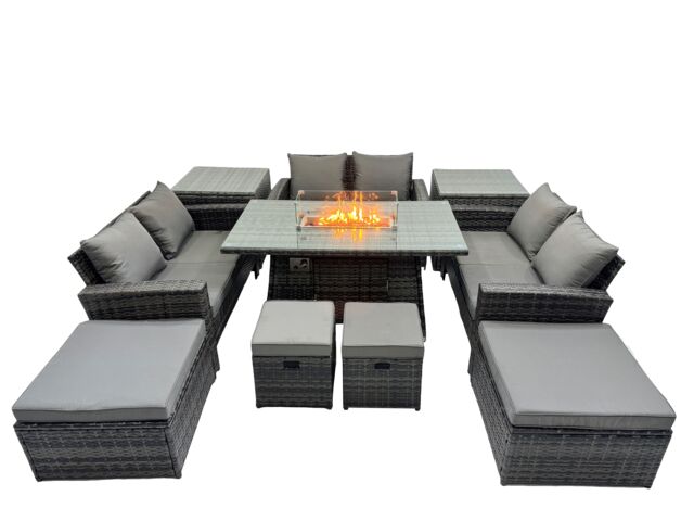 Fimous Outdoor Love Sofa Set &Gas Firpit Dining Table 4 Footstools in Dark Grey - image 1