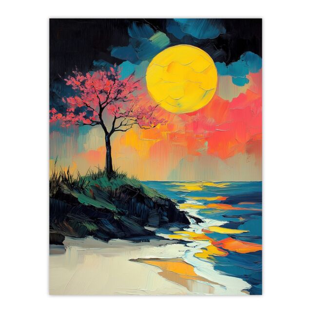 "Artery8 Cherry Blossom Tree by Shore Coastal Sunset Wall Art Print - Size: W18"" x H24""" - image 1