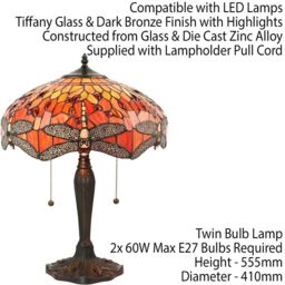 Loops Tiffany Glass Table Lamp Light Dark Bronze Base & Orange Dragonfly Shade i00197 - thumbnail 2
